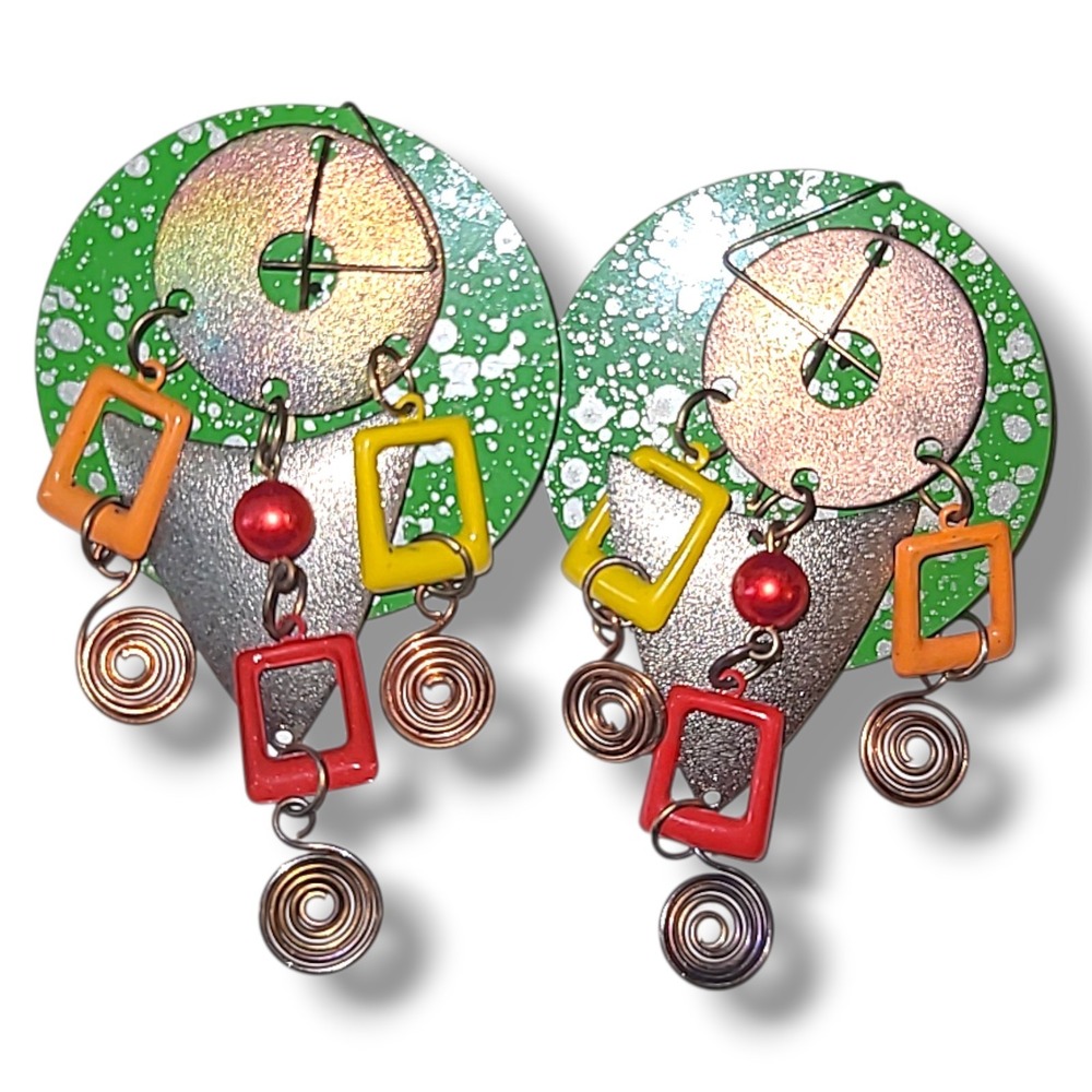Vintage 80s Colorful Geometric Dangle Earrings Large Abstract Statement Bold